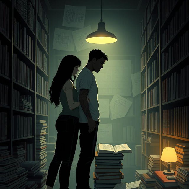 The cover shows the silhouette of two characters inside a bookstore, illuminated by the soft light of a reading lamp