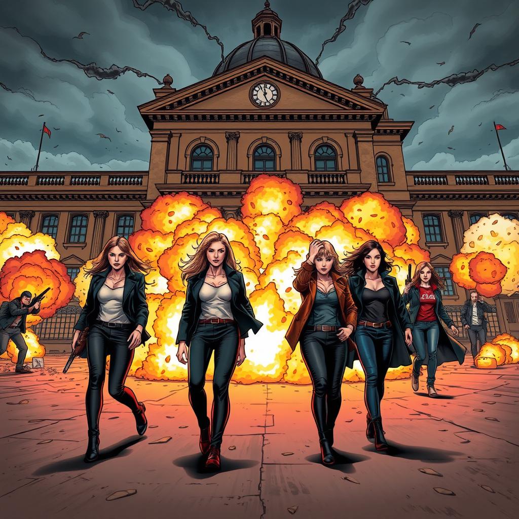 An action-packed scene in front of a historical building with explosions and fire, creating a dramatic and intense atmosphere