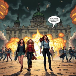 An action-packed scene in front of a historical building with explosions and fire, creating a dramatic and intense atmosphere