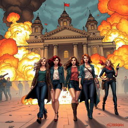 An action-packed scene in front of a historical building with explosions and fire, creating a dramatic and intense atmosphere