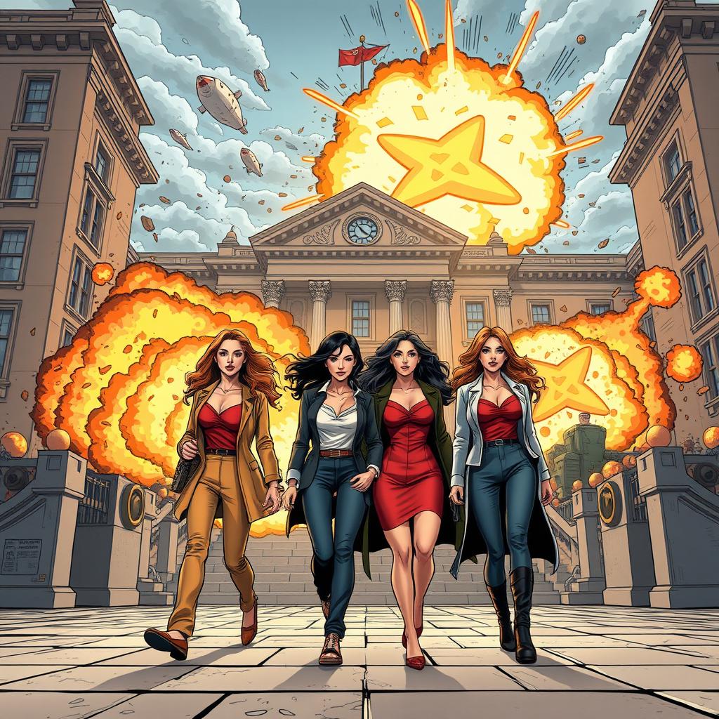 The original scene with the four women walking confidently in front of a historical building, enhanced with dynamic action elements