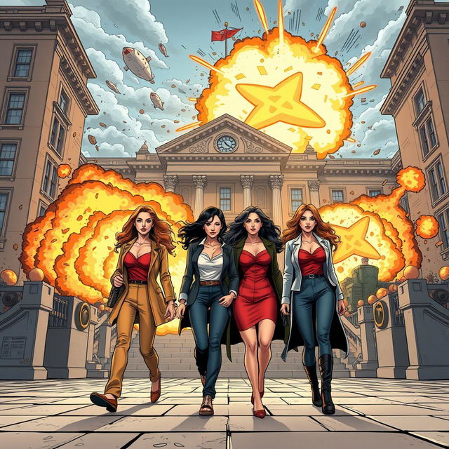 The original scene with the four women walking confidently in front of a historical building, enhanced with dynamic action elements