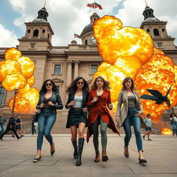 The original scene with the four women walking confidently in front of a historical building, enhanced with dynamic action elements