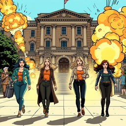 The original scene with the four women walking confidently in front of a historical building, enhanced with dynamic action elements