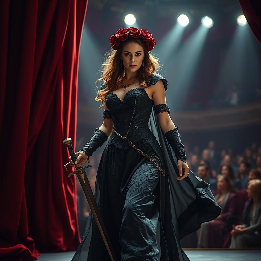 A determined female warrior wielding a sword, adorned in a gothic-style gown, and topped with a crown of roses strides forth as she enters a bustling theater stage