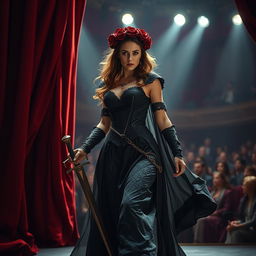 A determined female warrior wielding a sword, adorned in a gothic-style gown, and topped with a crown of roses strides forth as she enters a bustling theater stage