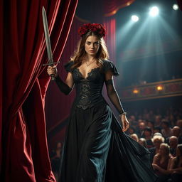 A determined female warrior wielding a sword, adorned in a gothic-style gown, and topped with a crown of roses strides forth as she enters a bustling theater stage