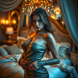 A captivating woman emanating a strong sense of sensuality and allure, confidently posed in a luxurious bedroom setting