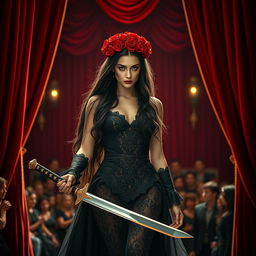 A striking female warrior with long, black flowing hair, holding a sword and dressed in a gothic-style gown