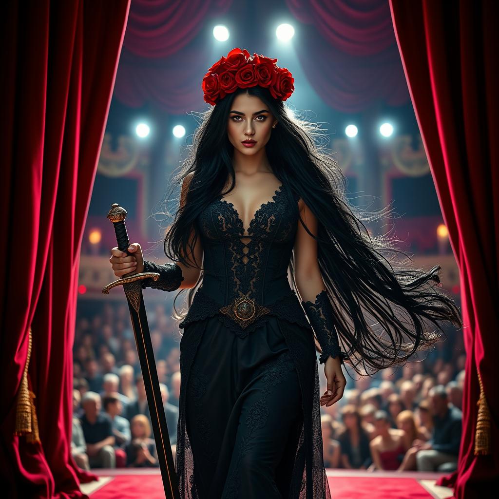 A striking female warrior with long, black flowing hair, holding a sword and dressed in a gothic-style gown