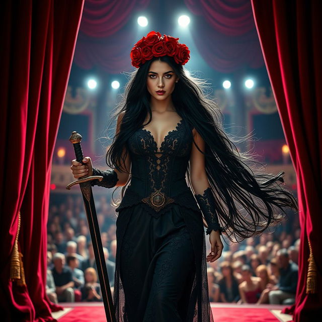 A striking female warrior with long, black flowing hair, holding a sword and dressed in a gothic-style gown