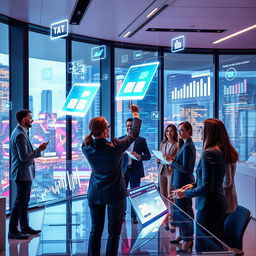 A futuristic digital marketing scene with holographic ads floating in the air, marketers in business attire interacting with augmented reality screens, and data analytics visuals in the background