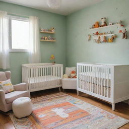 A vibrant baby nursery with wild colors and eccentric designs, filled with fun toys, a sturdy crib, functional dressers and a soothing rocking chair