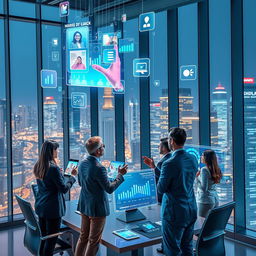 A futuristic digital marketing scene with holographic ads floating in the air, marketers in business attire interacting with augmented reality screens, and data analytics visuals in the background