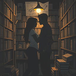 The cover shows the silhouette of two characters inside a bookstore, illuminated by the soft light of a reading lamp