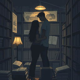 The cover shows the silhouette of two characters inside a bookstore, illuminated by the soft light of a reading lamp