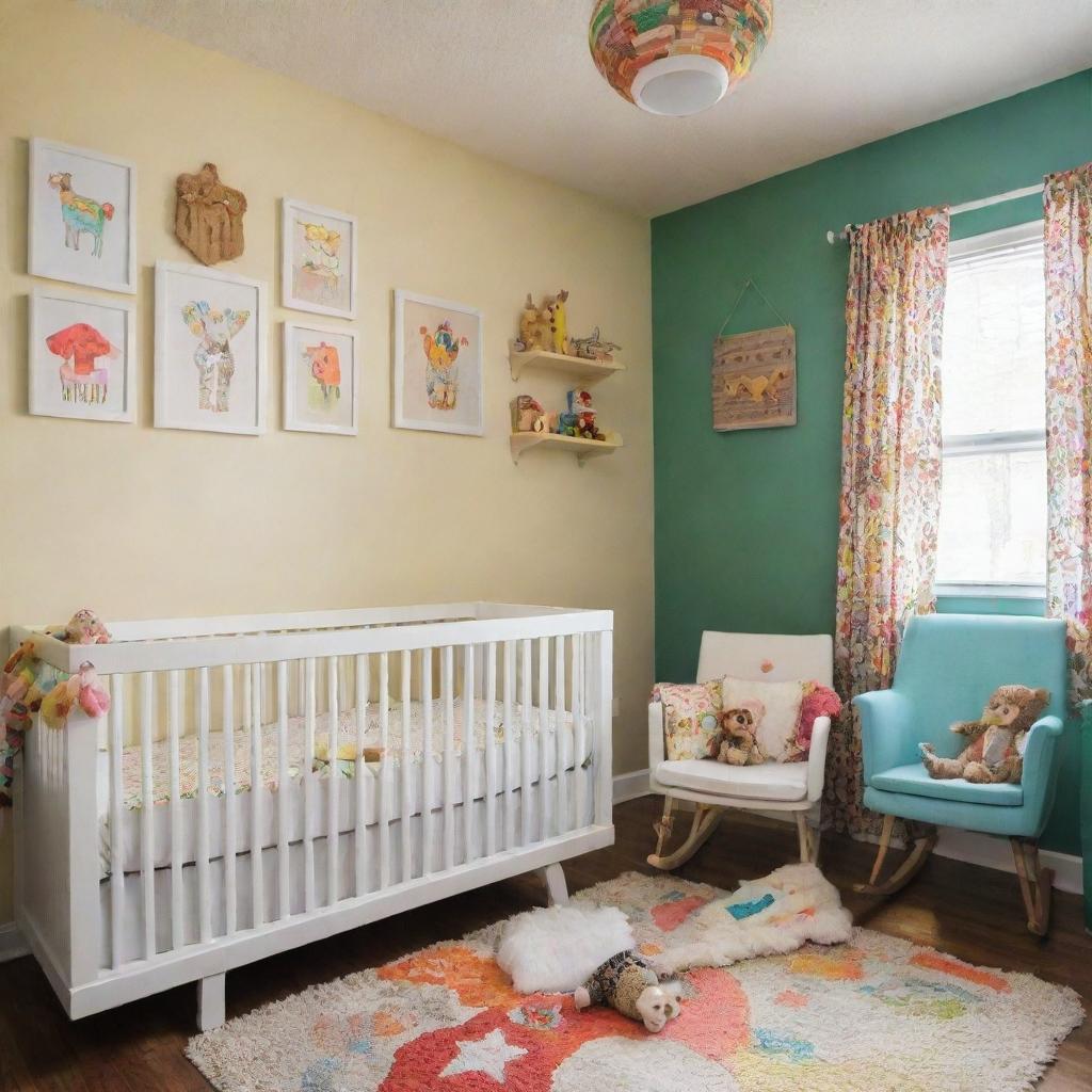 A vibrant baby nursery with wild colors and eccentric designs, filled with fun toys, a sturdy crib, functional dressers and a soothing rocking chair