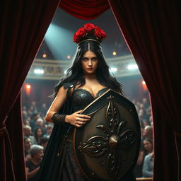 A fierce female warrior with long, black hair, clad in a gothic gown, adorned with a crown of red roses, enters a bustling theater stage holding a shield