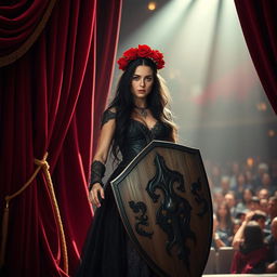 A fierce female warrior with long, black hair, clad in a gothic gown, adorned with a crown of red roses, enters a bustling theater stage holding a shield