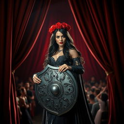 A fierce female warrior with long, black hair, clad in a gothic gown, adorned with a crown of red roses, enters a bustling theater stage holding a shield