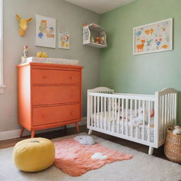 A vibrant baby nursery with wild colors and eccentric designs, filled with fun toys, a sturdy crib, functional dressers and a soothing rocking chair