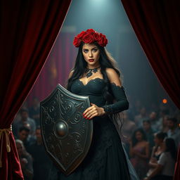 A fierce female warrior with long, black hair, clad in a gothic gown, adorned with a crown of red roses, enters a bustling theater stage holding a shield