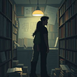 The cover shows the silhouette of two characters inside a bookstore, illuminated by the soft light of a reading lamp