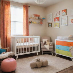 A vibrant baby nursery with wild colors and eccentric designs, filled with fun toys, a sturdy crib, functional dressers and a soothing rocking chair