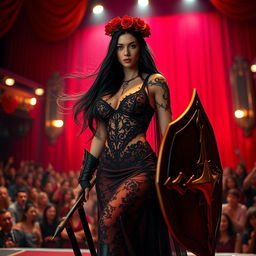 A striking female warrior with long, flowing black hair, dressed in a sexy gothic-style gown