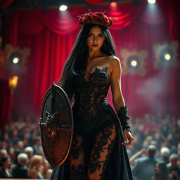 A striking female warrior with long, flowing black hair, dressed in a sexy gothic-style gown