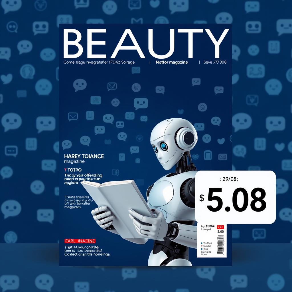 A magazine cover design with the title "BEAUTY" prominently displayed at the top against a dark blue background filled with chat icons