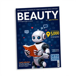 A magazine cover design with the title "BEAUTY" prominently displayed at the top against a dark blue background filled with chat icons