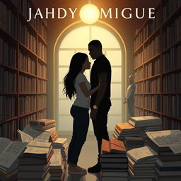 The cover features the silhouette of Jhady and Miguel inside a bookstore, creating a setting that exudes intimacy and symbolism