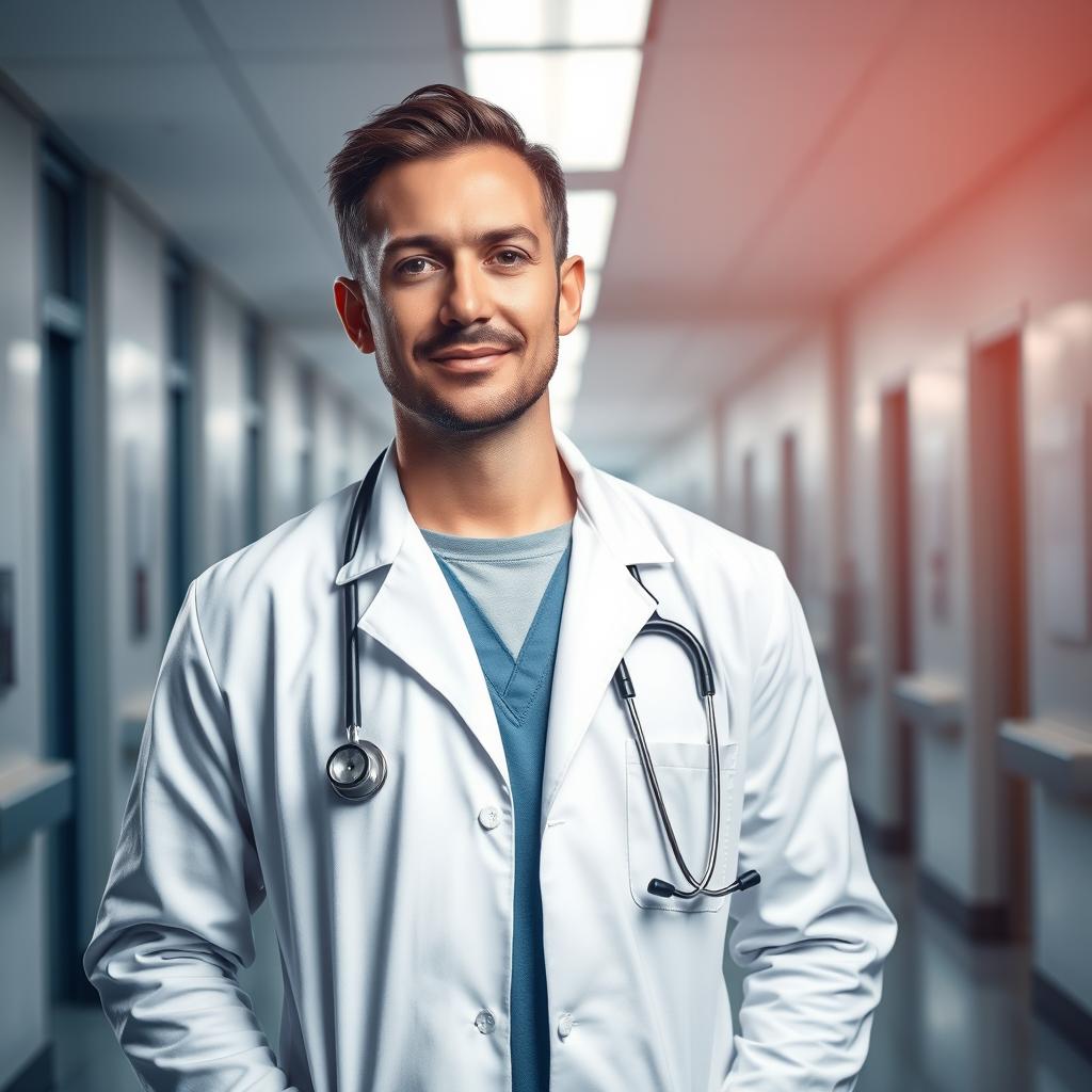 A confident and artistic portrayal of a doctor wearing a white coat, stethoscope around the neck, in a beautifully lit modern hospital setting, showcasing professionalism and dedication to healthcare