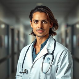 A confident and artistic portrayal of a doctor wearing a white coat, stethoscope around the neck, in a beautifully lit modern hospital setting, showcasing professionalism and dedication to healthcare