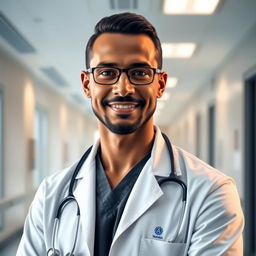 A confident and artistic portrayal of a doctor wearing a white coat, stethoscope around the neck, in a beautifully lit modern hospital setting, showcasing professionalism and dedication to healthcare