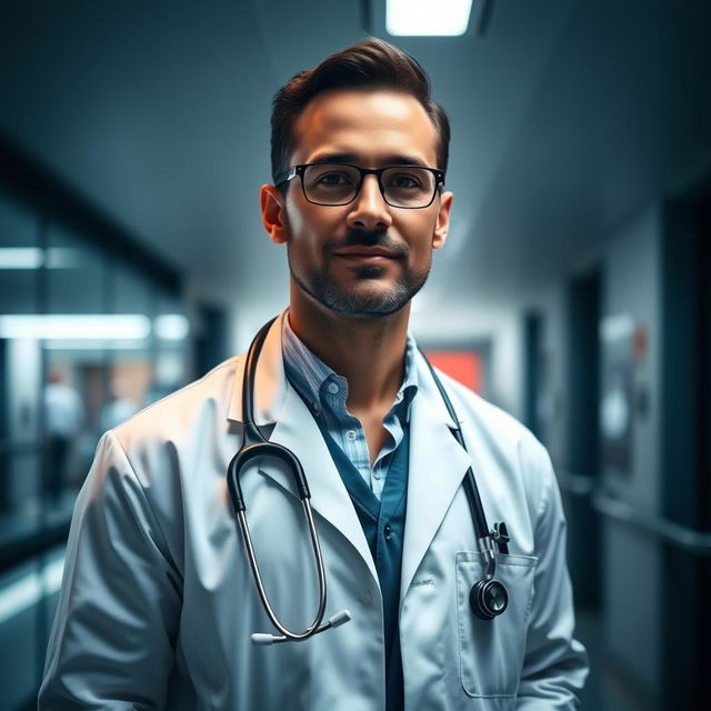 A confident and artistic portrayal of a doctor wearing a white coat, stethoscope around the neck, in a beautifully lit modern hospital setting, showcasing professionalism and dedication to healthcare