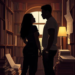 The cover features the silhouette of Jhady and Miguel inside a bookstore, creating a setting that exudes intimacy and symbolism