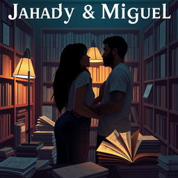 The cover features the silhouette of Jhady and Miguel inside a bookstore, creating a setting that exudes intimacy and symbolism