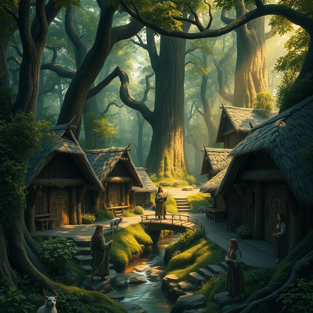 A mystical druid village nestled deep within an ancient forest