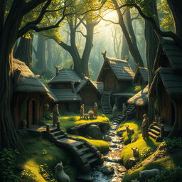 A mystical druid village nestled deep within an ancient forest