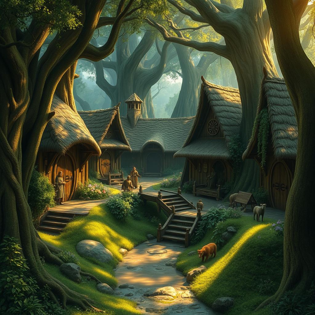 A mystical druid village nestled deep within an ancient forest