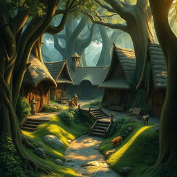 A mystical druid village nestled deep within an ancient forest