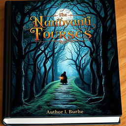 A captivating book cover design featuring a mystical forest scene with a winding, narrow path leading through dense, ancient trees