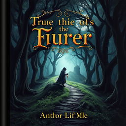 A captivating book cover design featuring a mystical forest scene with a winding, narrow path leading through dense, ancient trees