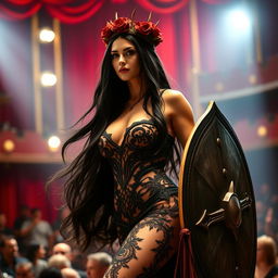 A striking female warrior with long, flowing black hair, dressed in a sexy gothic-style gown