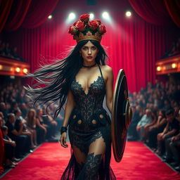 A captivating female gladiator with flowing black hair, dressed in a sexy gothic-style gown, enters a bustling theater stage