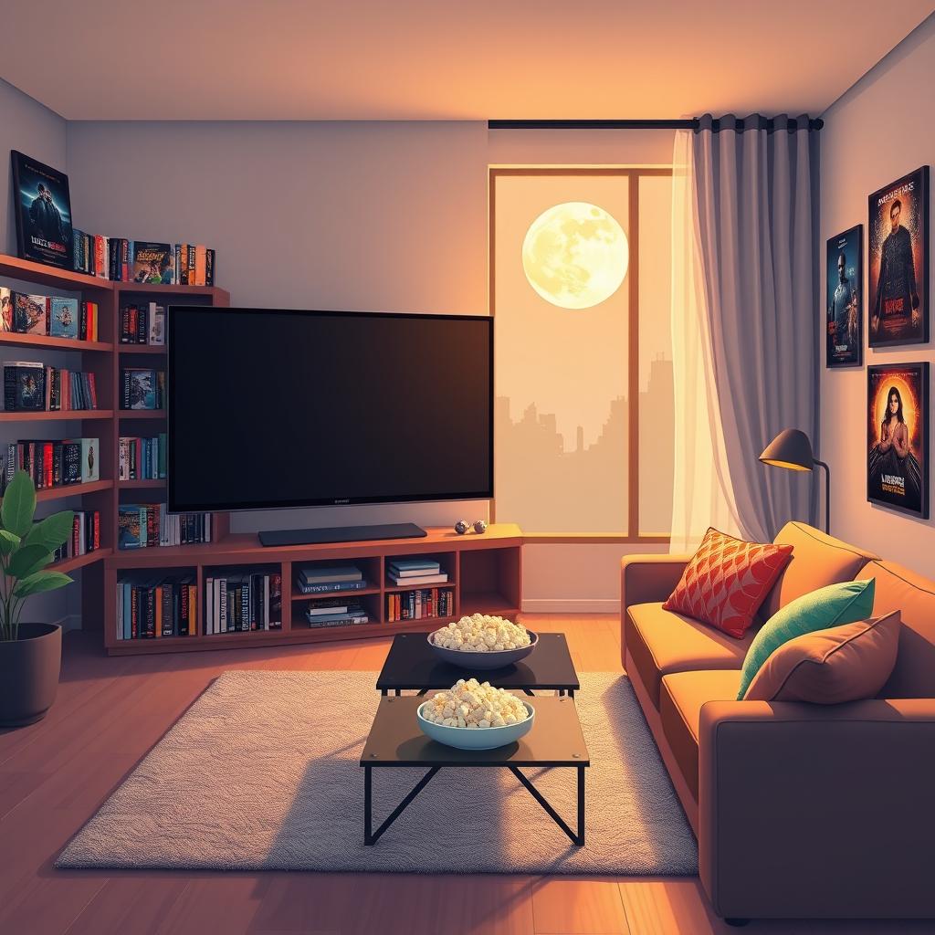 An artistic illustration of a cozy living room featuring a massive flat-screen television on a modern entertainment unit