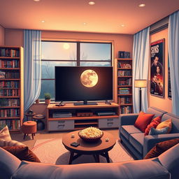 An artistic illustration of a cozy living room featuring a massive flat-screen television on a modern entertainment unit