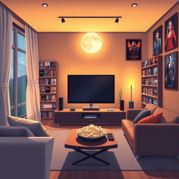 An artistic illustration of a cozy living room featuring a massive flat-screen television on a modern entertainment unit